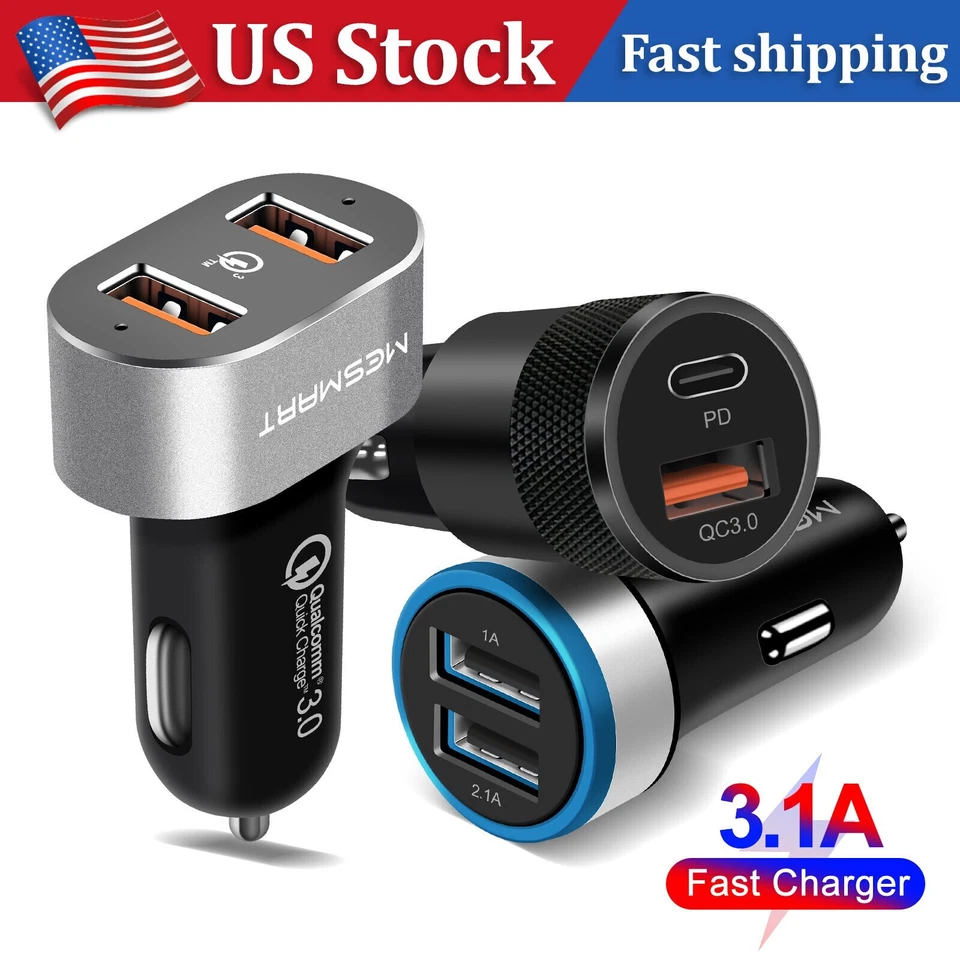 USB+Type-C /Dual Port 3.1A/2 USB QC3.0 Car Cigarette Charger Lighter Adapter Lot Foto 2 de 4