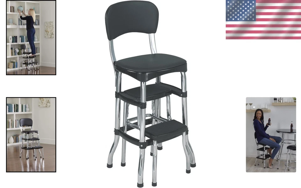Chic Black Retro Step Stool Chair with Cushioned Seat for Height Assistance - Image 2 of 4