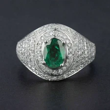 Oval 2.10 Ct Emerald & Moissanite Wedding Ring 14K White Gold Finish