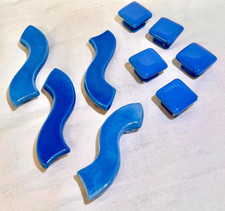Lot of 9 Ceramic Cabinet Drawer Pulls Knobs Blue Wavy Square Modern MCM