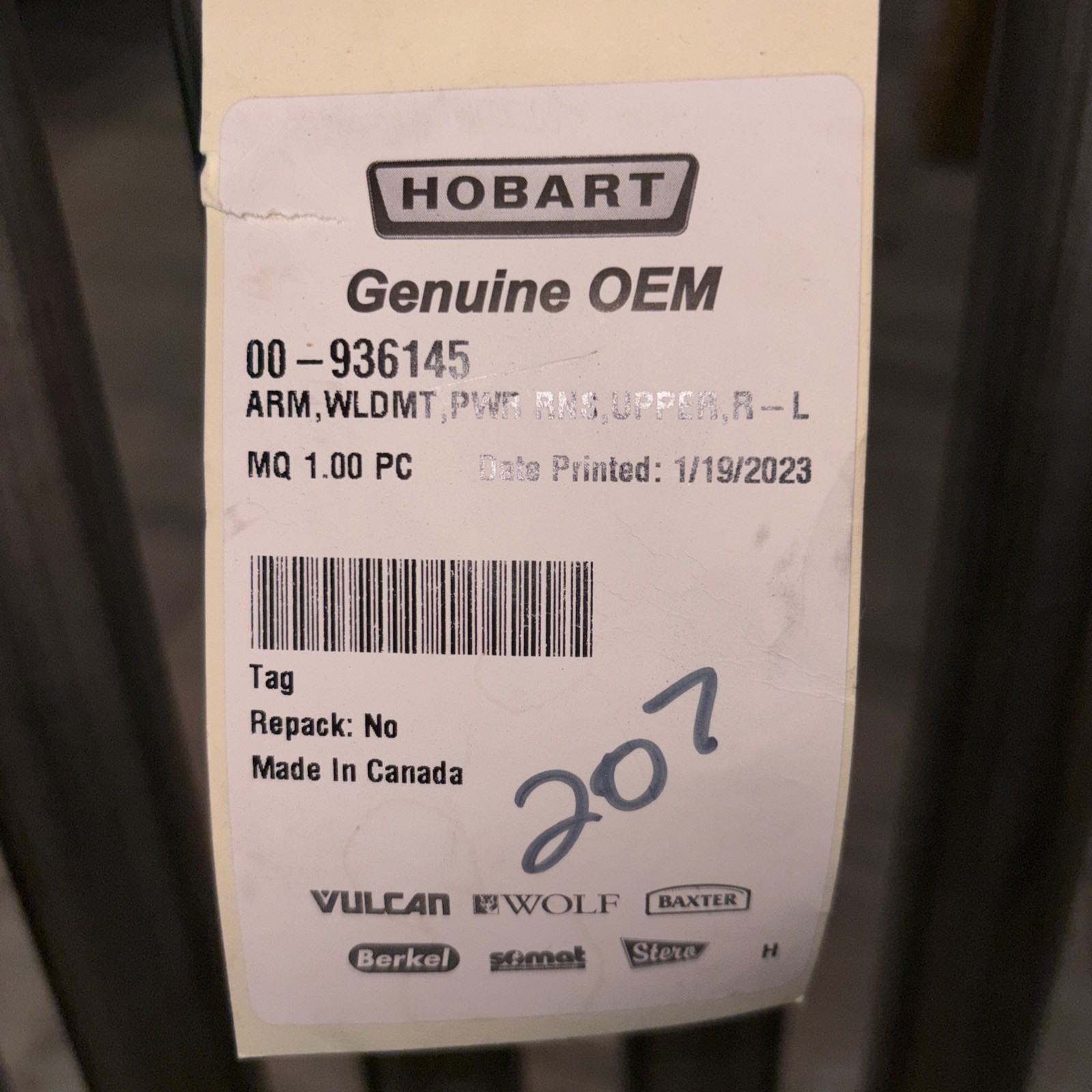 Hobart 00-096145 arm wldmt pwr rns upper r-l