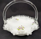 Fenton Silver Crest Violets In The Snow Basket Milk Glass Vintage 8"