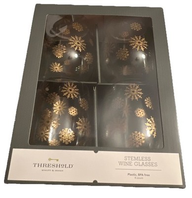 Set of 4 Threshold Stemless Wine Glasses ** Gold Snowflake Pattern* Plastic* New