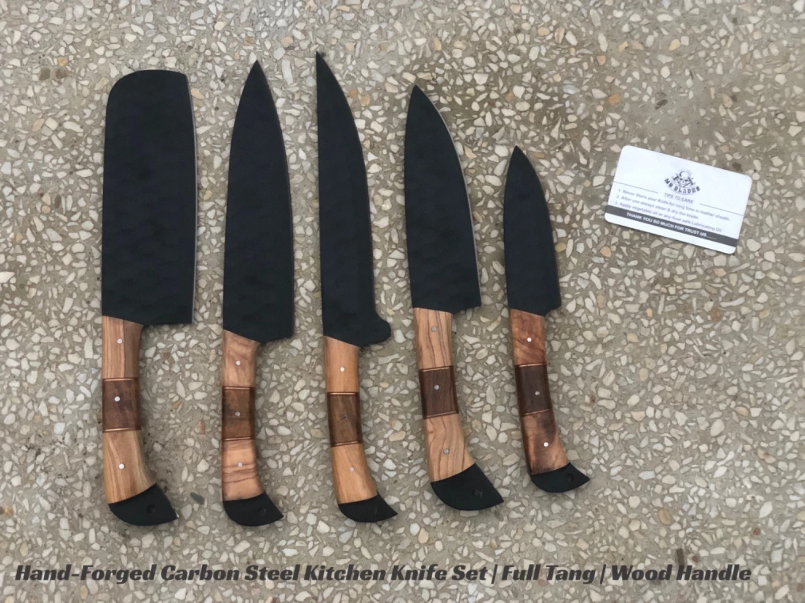 Hand-Forged Carbon Steel Kitchen Knife Set with Wood Handles | Rustic Chef Tools