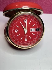 Vtg Red Elgin Bradley Japan Automatic Travel Alarm Clock w/ Date & World Times