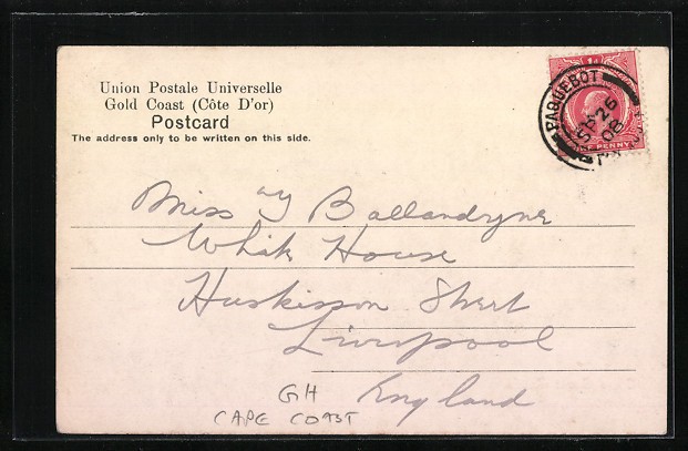 Old postcard Cape Coast, Castle, Union Jack 1908 