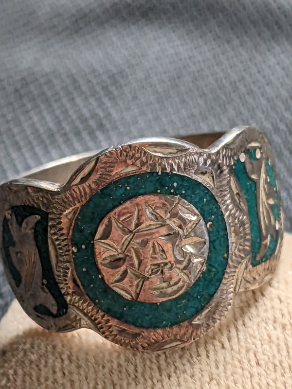 UNIQUE RARE VINTAGE SIGNED MEXICAN 925 STERLING SILVER TURQUOISE INLAY RING