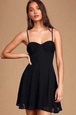 NWOT LULUS Mini Dress Black Skater Sweet Kiss Pleated Bustier Strappy Dress L