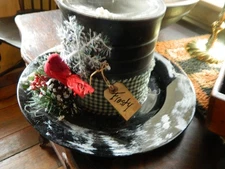 Primitive 6 1/2" Frosty Snowman Hat Centerpiece with Cardinal Gingham Ribbon