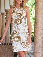 Boston Proper High-Neck Floral Sequin Linen Blend Dress Size 10