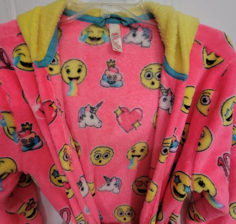 Justice Girls Plush Fleece Hooded Emoji's Pattern Bath Robe w/belt - Size 14/16 - Image 4 of 4