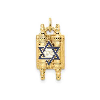 14k Gelbgold Tora Anhänger Blau Davidstern Hebräische Schrift Jüdische Charm
