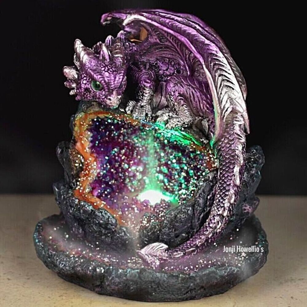 Crystal Cave Baby Dragon LED Backflow Incense Burner Glitter Geode Home Decor