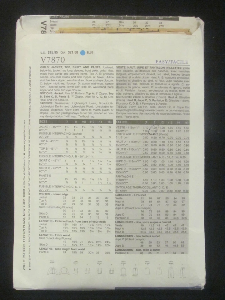 VOGUE PATTERN - 7870 GIRL'S JACKET TOP A-LINE SKIRT FLOUNCE CROP PANTS 7-10 USED - Image 2 of 2