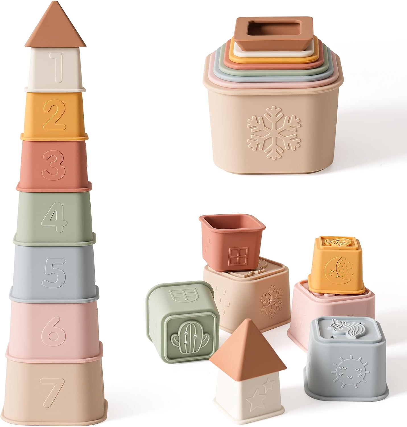 Baby Stacking Cups Toy, Silicone Stacking Tower, Silicone Soft Teething Toy Educ