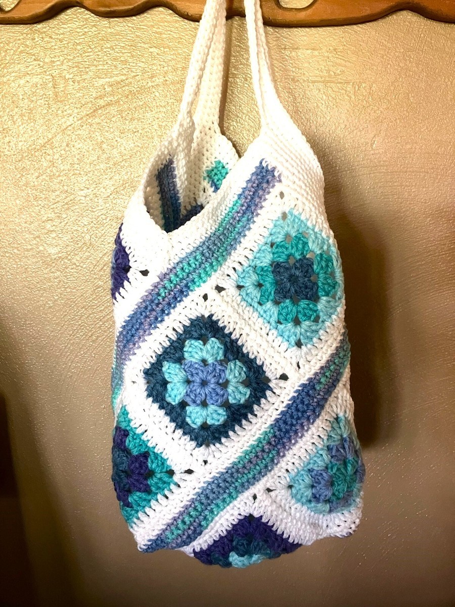 WHITE GRANNY SQUARE STRIPE crochet bag tote purse boho retro