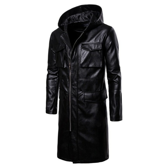Mens Parkas Faux Leather Motorcycle Biker Trench Jacket Hooded Coat