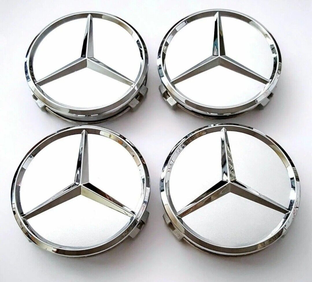 4x Mercedes SILVER Alloy Wheel Centre Hub Caps 75mm A B C E S M Class ML CLA GLA