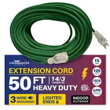 50ft Power Outdoor Extension Cord & Indoor - Waterproof Electric Drop Cord Cable