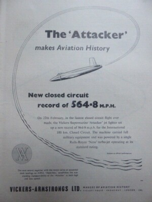 3/1948 PUB VICKERS ARMSTRONGS SUPERMARINE ATTACKER 100KM CLOSE CIRCUIT RECORD AD