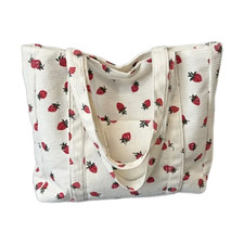 Cream Corduroy Tote Bag Strawberry Pattern Large 13"x12" Shoulder Bag Purse New