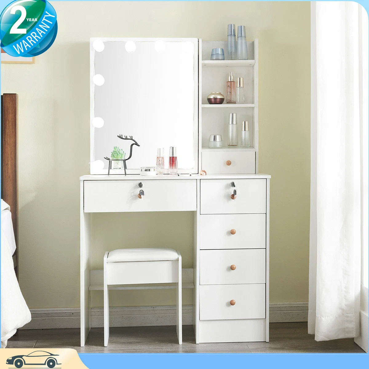 White vanity table with lighted mirror deals