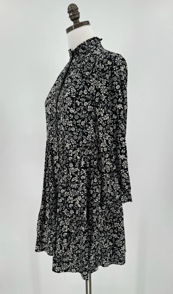 Vestido Babydoll J.CREW Mujer Negro Blanco Floral Volantes Manga Larga Talla SP Foto 3 de 4