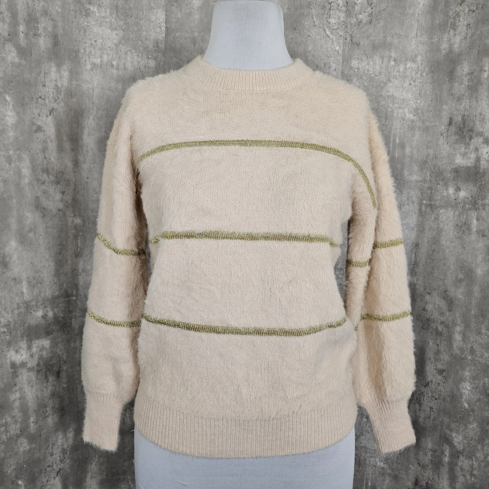 Allison New York Womens M Pink Fuzzy Sweater Gold Striped Chic Super Soft NEW
