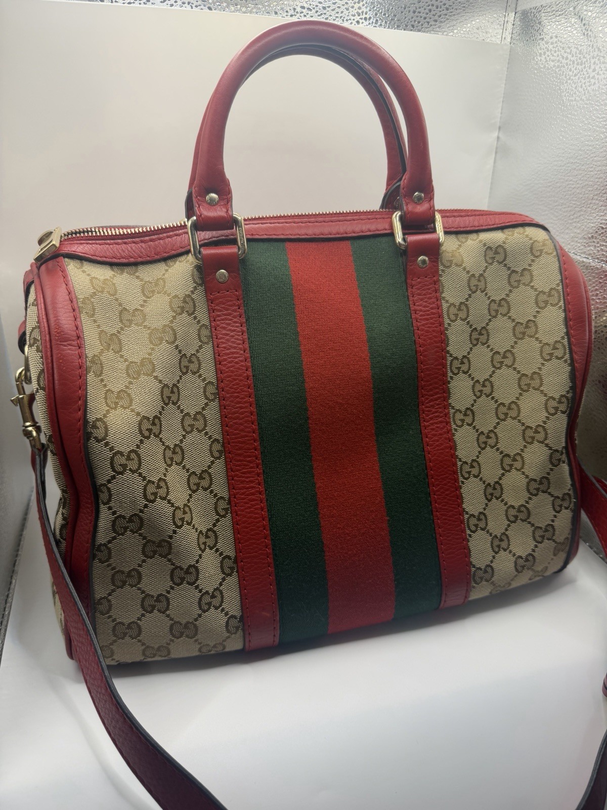 Gucci GG Monogram Red Green Stripe Canvas Leather Boston Bag
