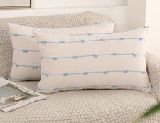 Set of 2 Boho Lumbar Throw Pillow Covers 12x20,Light Blue and White Neutral C...