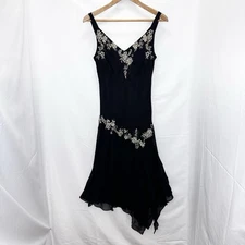 Vtg Dress Barn Black Silk Beaded Floral Mermaid Dress 8 Handkerchief Y2k Fairy
