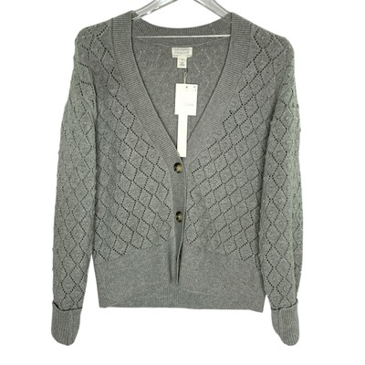 Caslon XS NEW Pointelle Deep V Neck Cardigan Sweater Gray Heather 