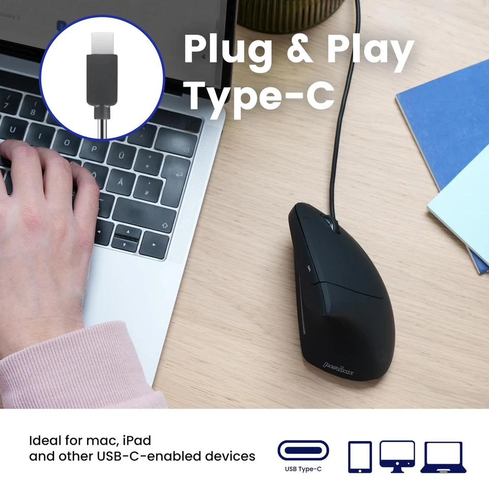 PERIMICE-513C Wired Vertical USB-C Mouse, 6 Buttons, Adjustable 1000/1600 DPI... - Image 2 of 4