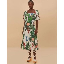 Farm Rio Tropical Paradise Puff Sleeve Midi Dress White Green Pink Birds Size S