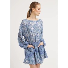 Free People Washed Blue Mini Dress Size S Blouson Style Cotton Blend