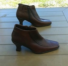 Brown Leather Cone Heel Zip Square Toe Ankle Bootie Solid Synthetic Boots