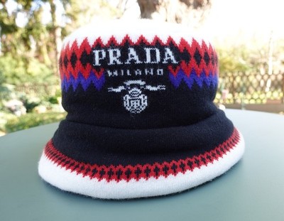 PRADA BUCKET HAT M white big logo red black padded cap unisex wool cashmere