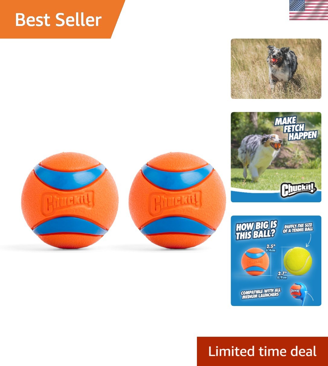 Chuckit! Ultra Ball Dog Toy - Medium Bouncy Fetch Balls For Dogs 20-60 lbs -