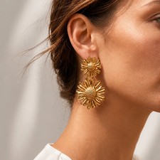 Vintage Sunflower Drop Earrings for Women Stainless Steel Textured Botanical Flo
