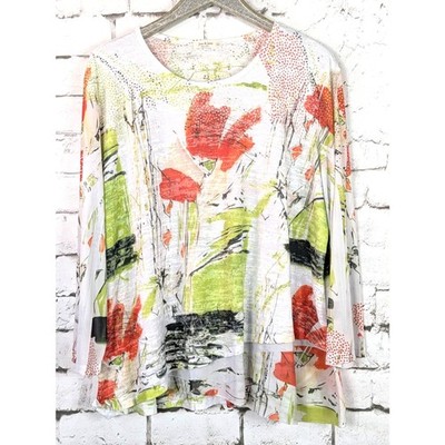 JESS & JANE Floral Burnout Mesh Top Artsy Lagenlook Boho Casual Comfort Size 2X