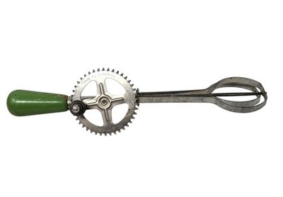 Antique 1923 A&J Egg Beater Hand Mixer Green Wood Handle READ