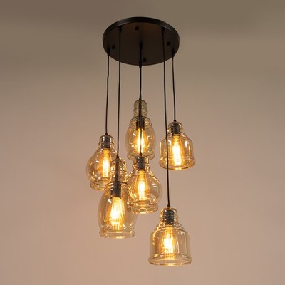 6 Lights Barn Glass Pendant Chandelier For Dining Room, Hotels 110V Black& Gold