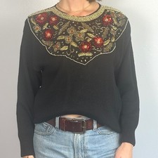 Vintage 80s Victoria Harbour Black Embellished Floral Beaded Knit Sweater Size M