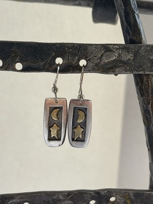 Vintage Far Fetched Sterling Silver Two-Tone Moon & Star Dangle Earrings