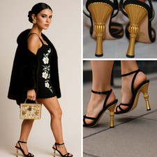 Authentic Dolce&Gabbanna Open Toe Shoes Black Strappy Gold Unique Heels sz 39