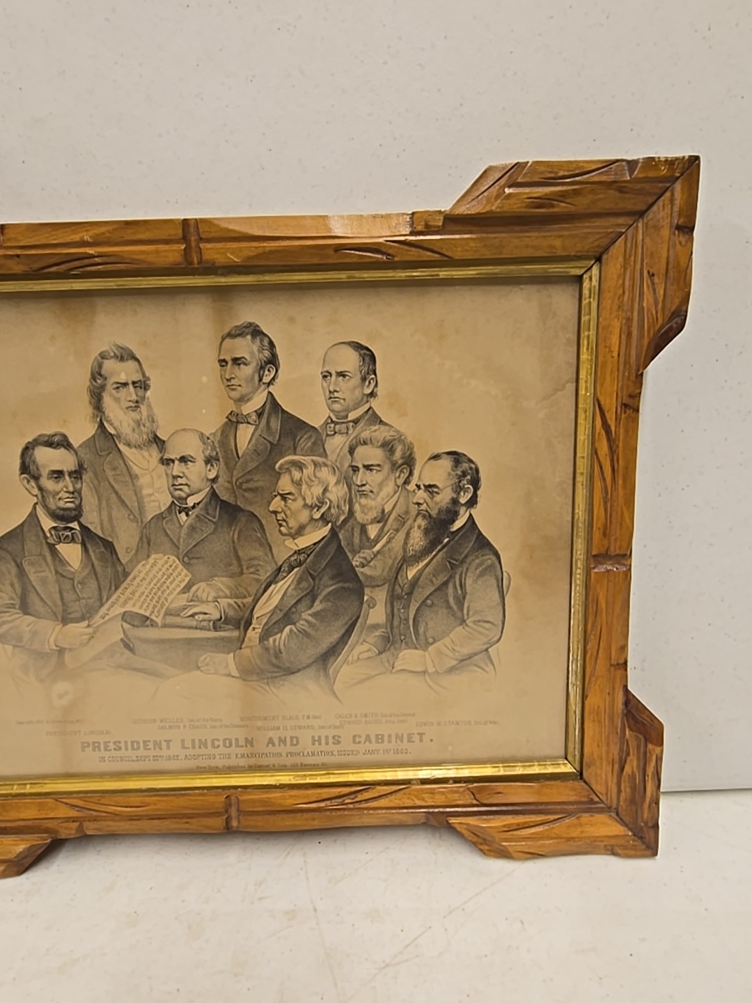 Antique 1876 President Lincoln & His Cabinet Framed Currier & Ives Etching Print
