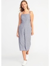 Old Navy Striped Linen Blend Smocked Jumpsuit Wide Leg Coastal Boho S Tall