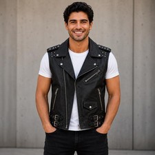 Handmade Black Leather Biker Vest for Men, Punk Motorcycle Style, Available in 4