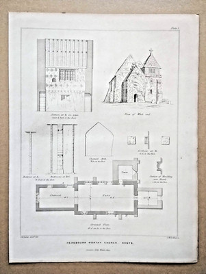 Plan und Erhebung der Headbourn Würdigen Kirche - Antiker Druck - 1845 (Ref A2)