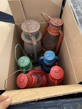 Vintage Oil Lantern Lot, Multicolor Metal & Glass, Glass Globes, Extra Chimney